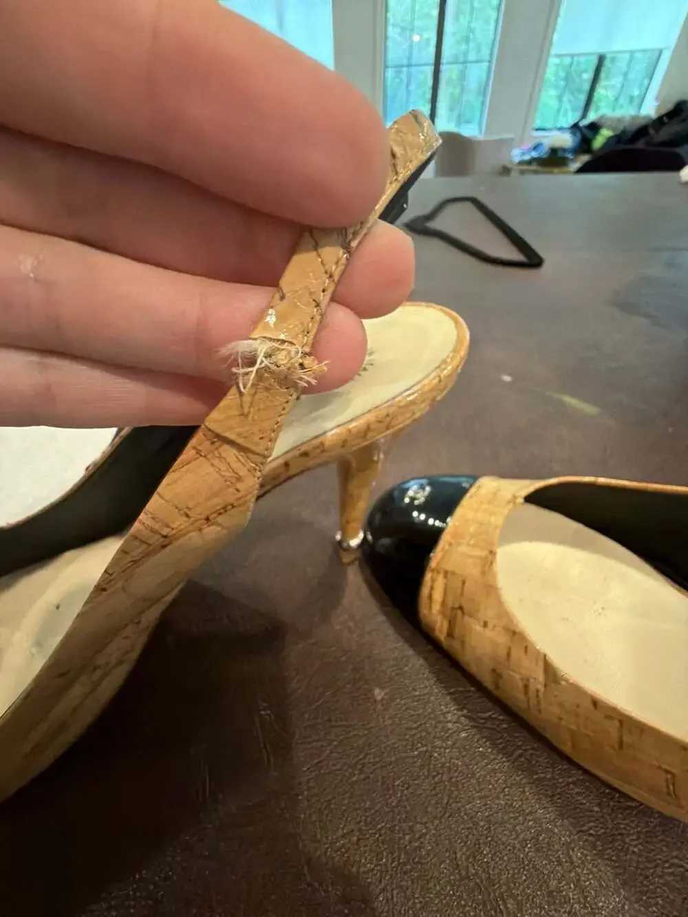 Chanel Coated Cork Black Patent Leather CC Cap-Toe Slingback Pumps 42 READ
